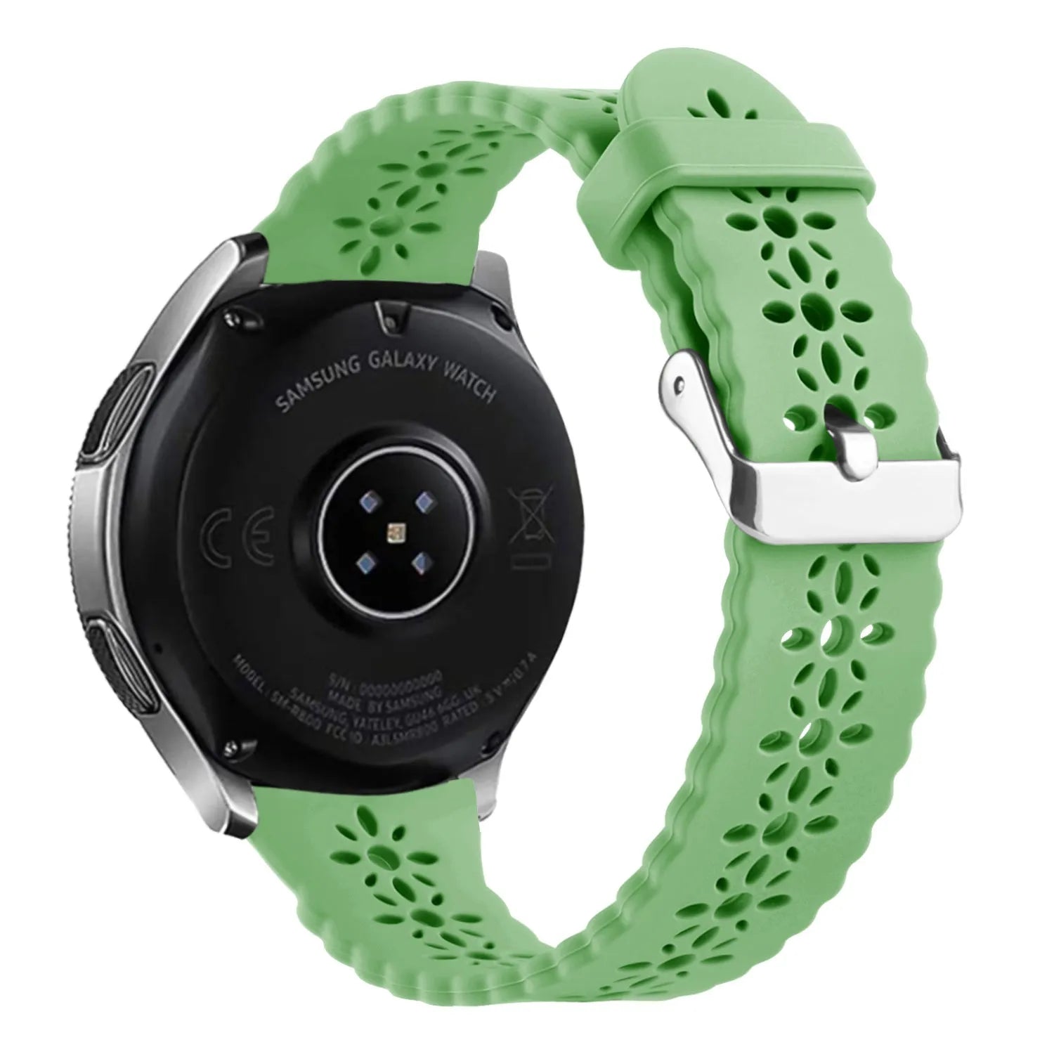 Patterned Silicone Strap, green, on a watch, 3/4 rear view