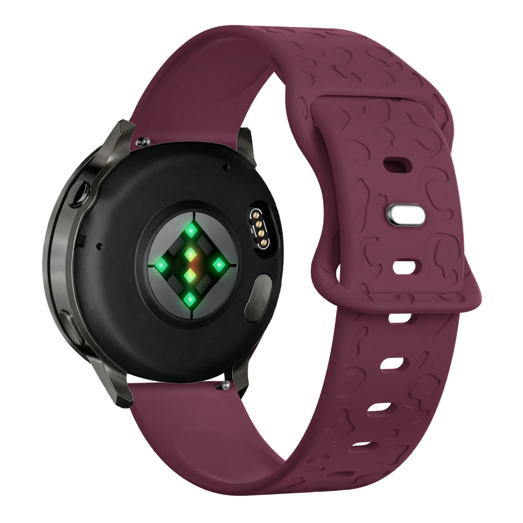 Silicone Strap 'Leopard', wine red, on a watch, 3/4 rear view