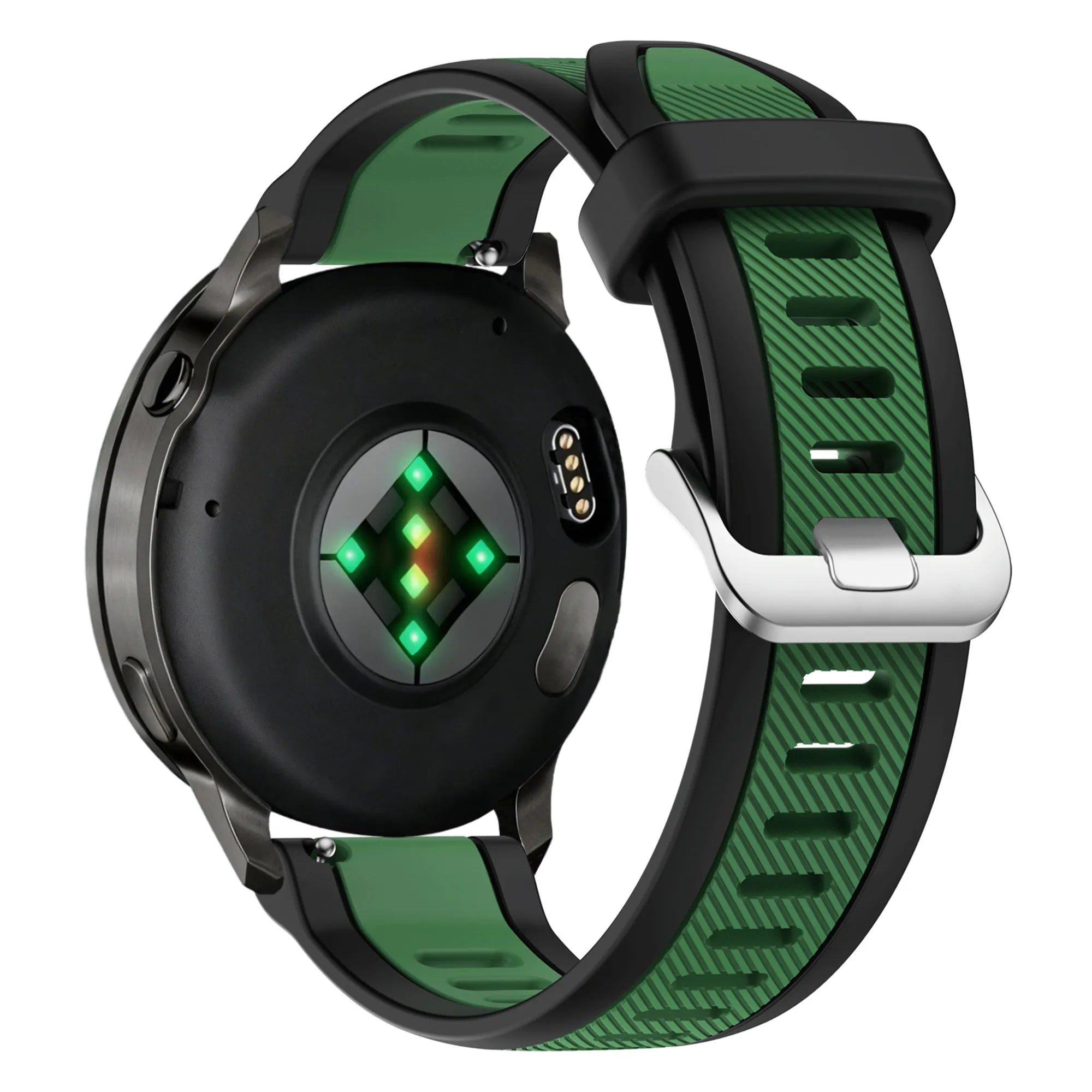 Silicone Dual Buckled Sport Strap, black/green, on a watch, 3/4 rear view