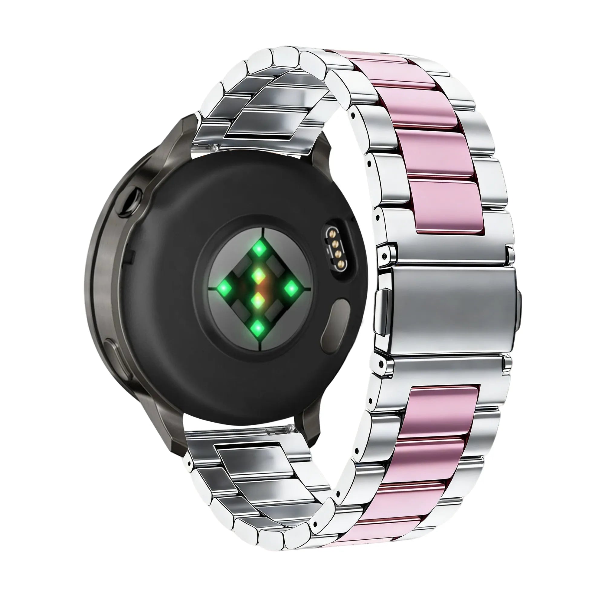 Steel Strap 'Classic', silver/pink, on a watch, 3/4 rear view
