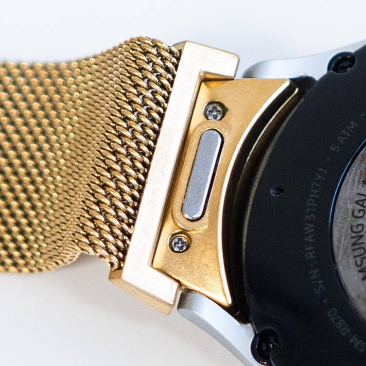Milanese Strap 'One Push', gold, on a watch, 3/4 rear view