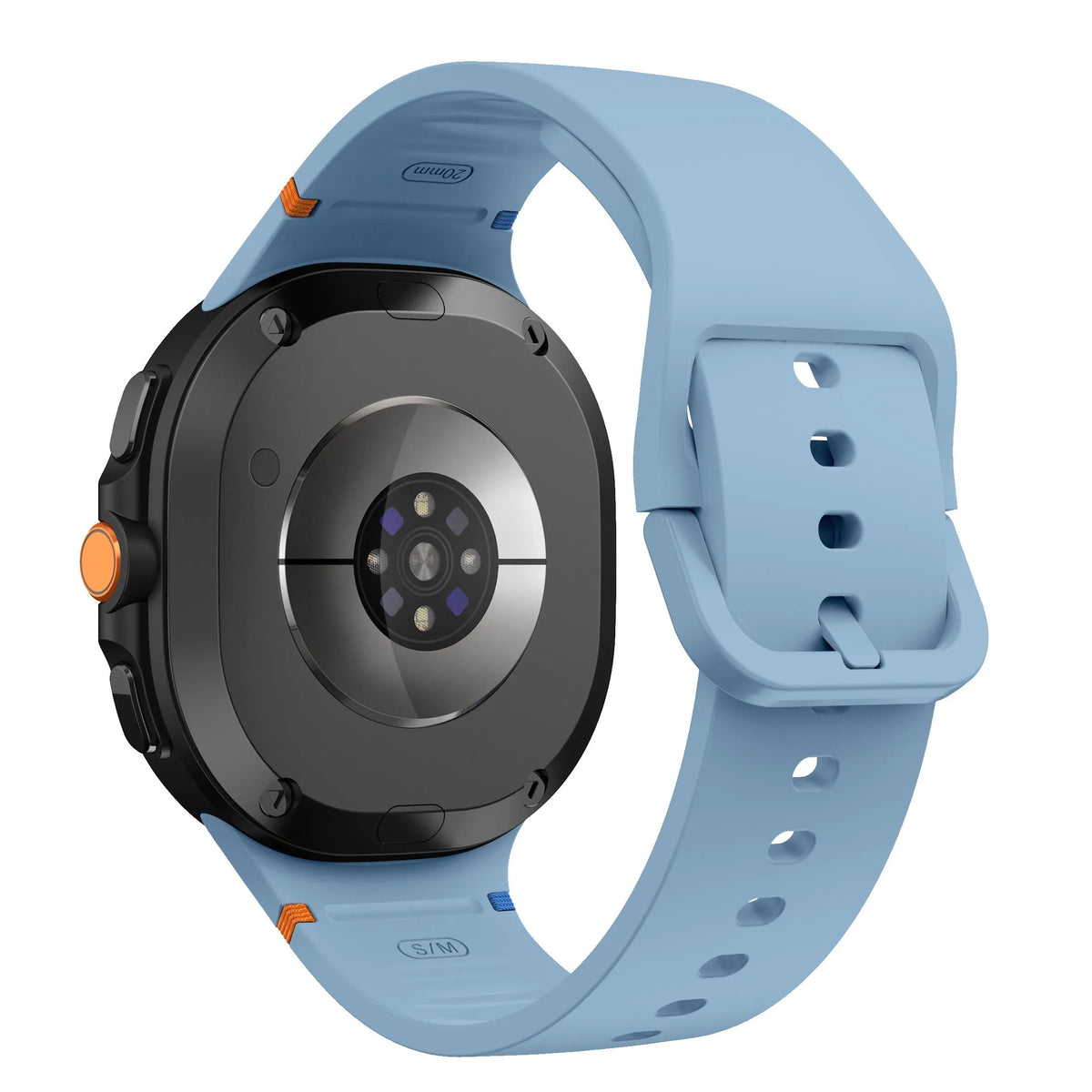Silicone Strap, blue, on a watch, 3/4 rear view
