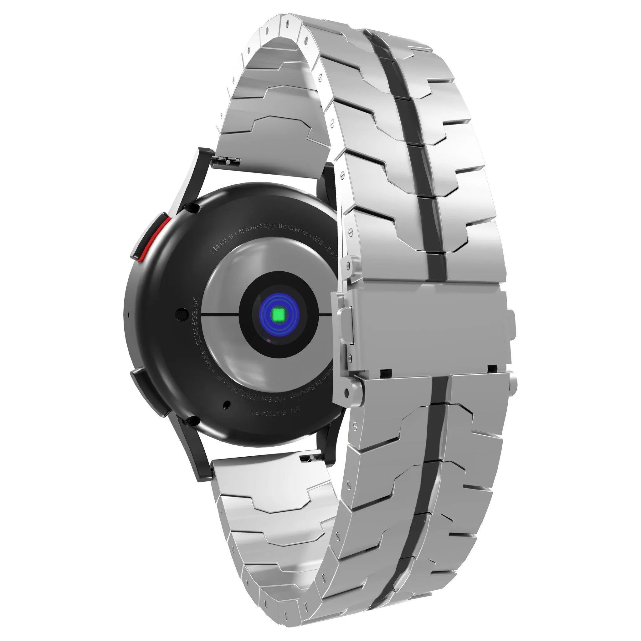 Steel Iron Strap, silver/black, on a watch, 3/4 rear view
