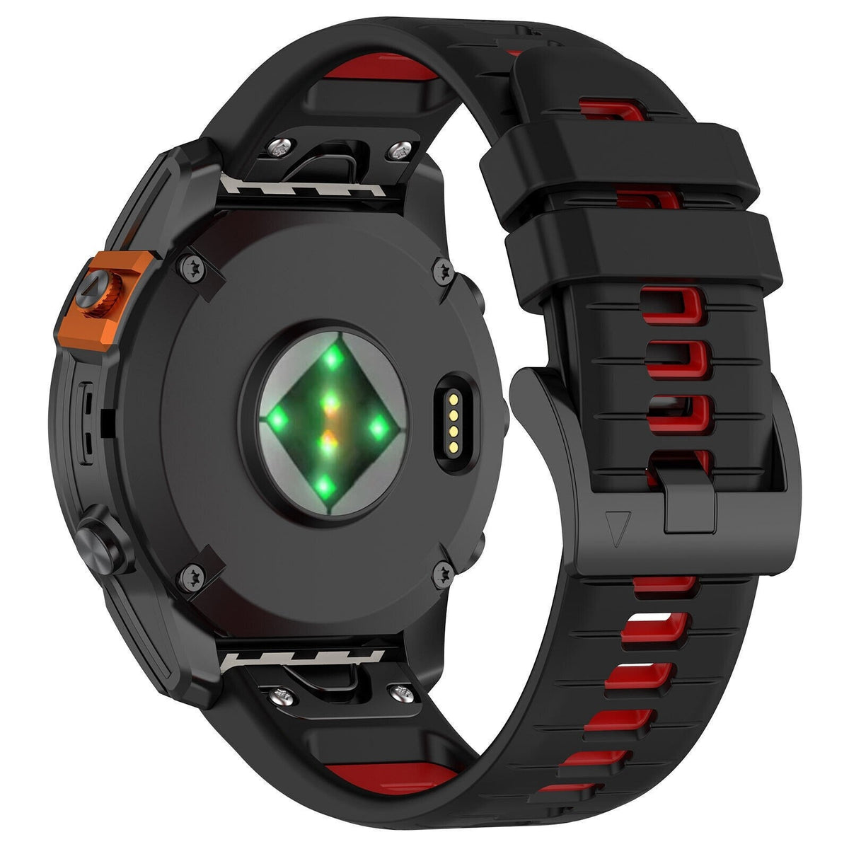 Silicone Buckled Sport Strap, black/red, on a watch, 3/4 rear view