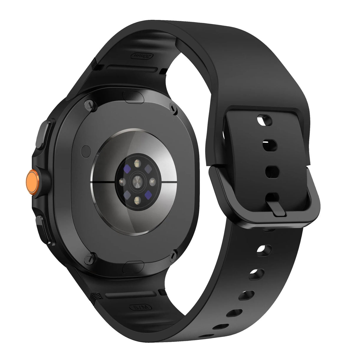 Silicone Strap, black, on a watch, 3/4 rear view