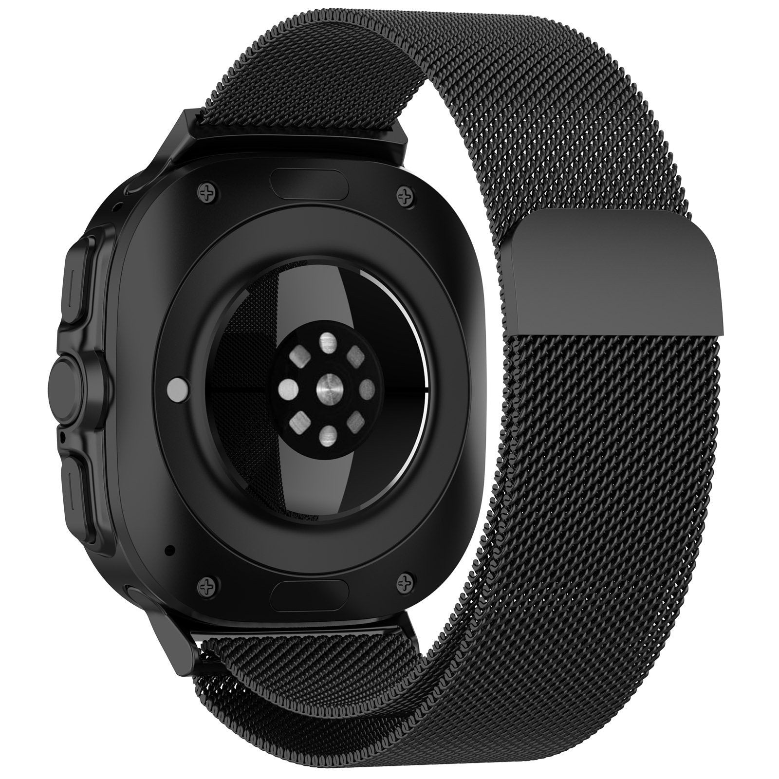 Milanese Strap, black, on a watch, 3/4 rear view