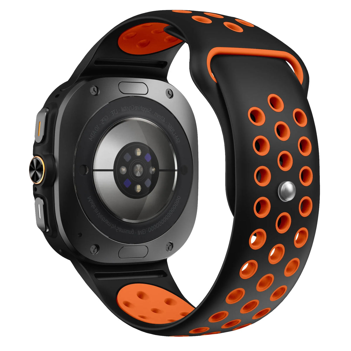 Silicone Sport Strap, black/orange, on a watch, 3/4 rear view
