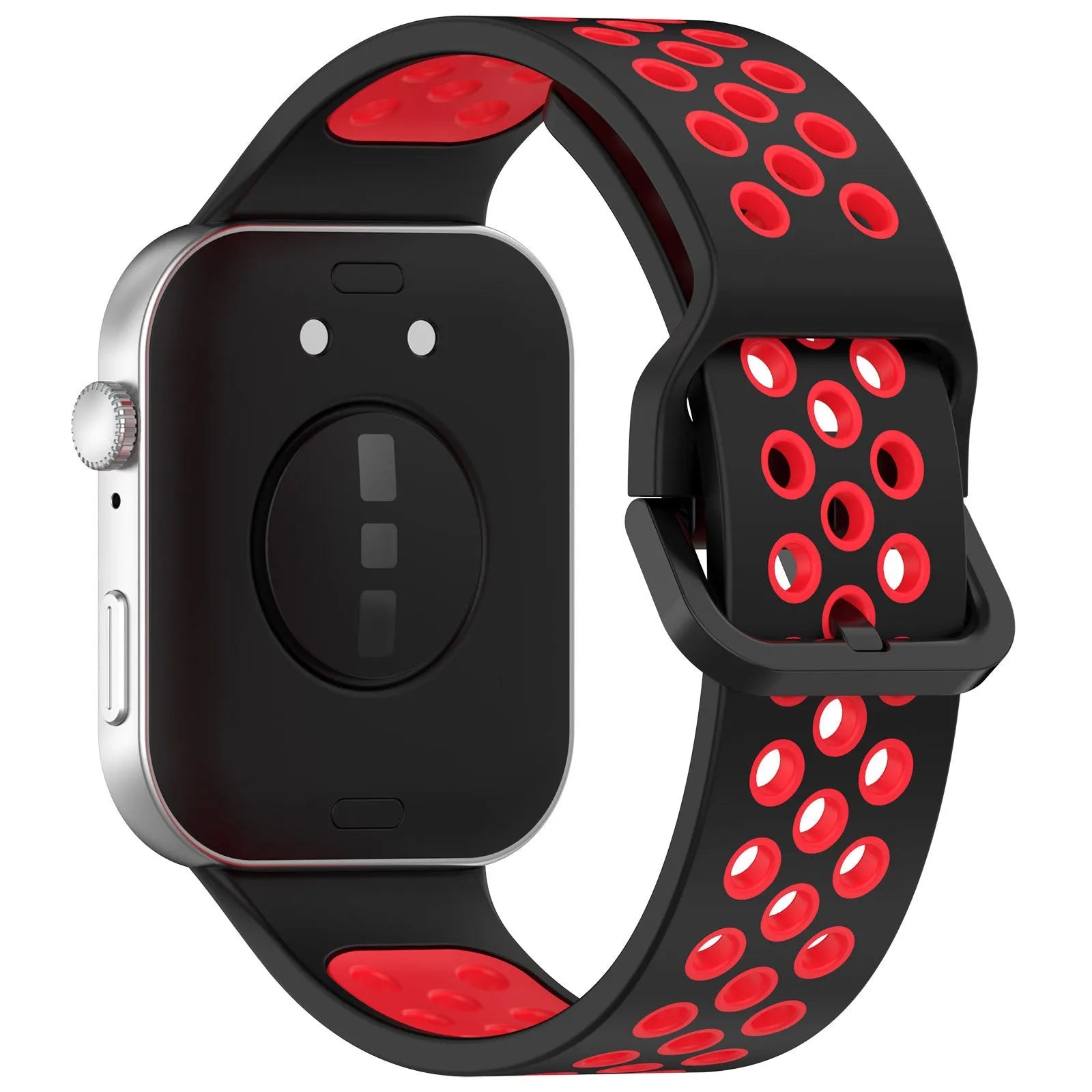 Silicone Sport Strap, black/red, on a watch, 3/4 rear view
