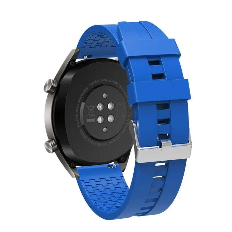 Silicone Strap 'Extreme', blue, on a watch, 3/4 rear view