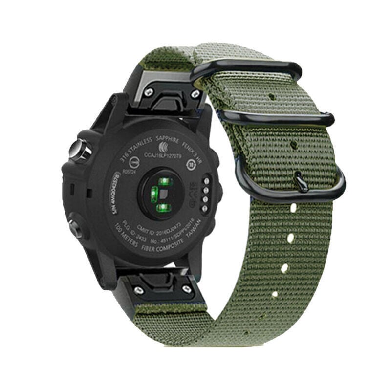 Nylon Buckle Strap, green, on a watch, 3/4 rear view
