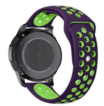 Silicone Sport Strap, purple/green, on a watch, 3/4 rear view