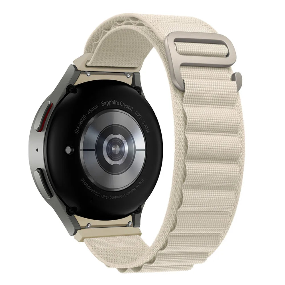 Alpine Nylon Strap, starlight, on a watch, 3/4 rear view