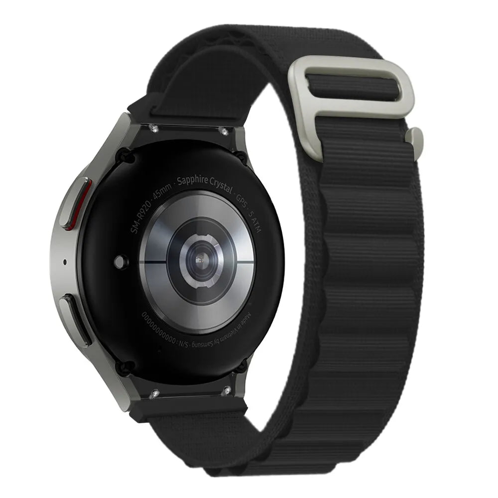 Alpine Nylon Strap, black, on a watch, 3/4 rear view