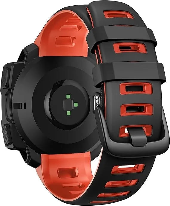 Silicone Sport Strap, black/red, on a watch, 3/4 rear view