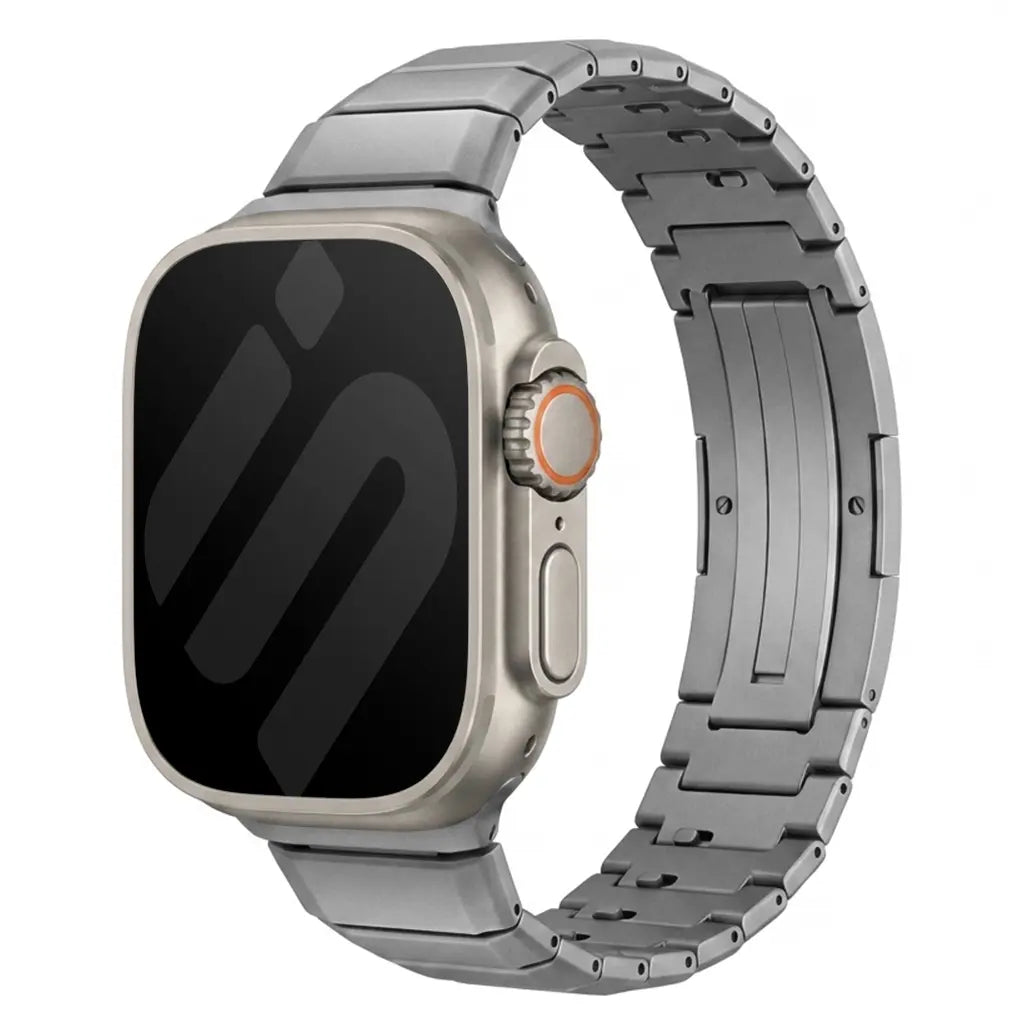 One Bead Titanium Strap, graphite, on a watch, 3/4 rear view