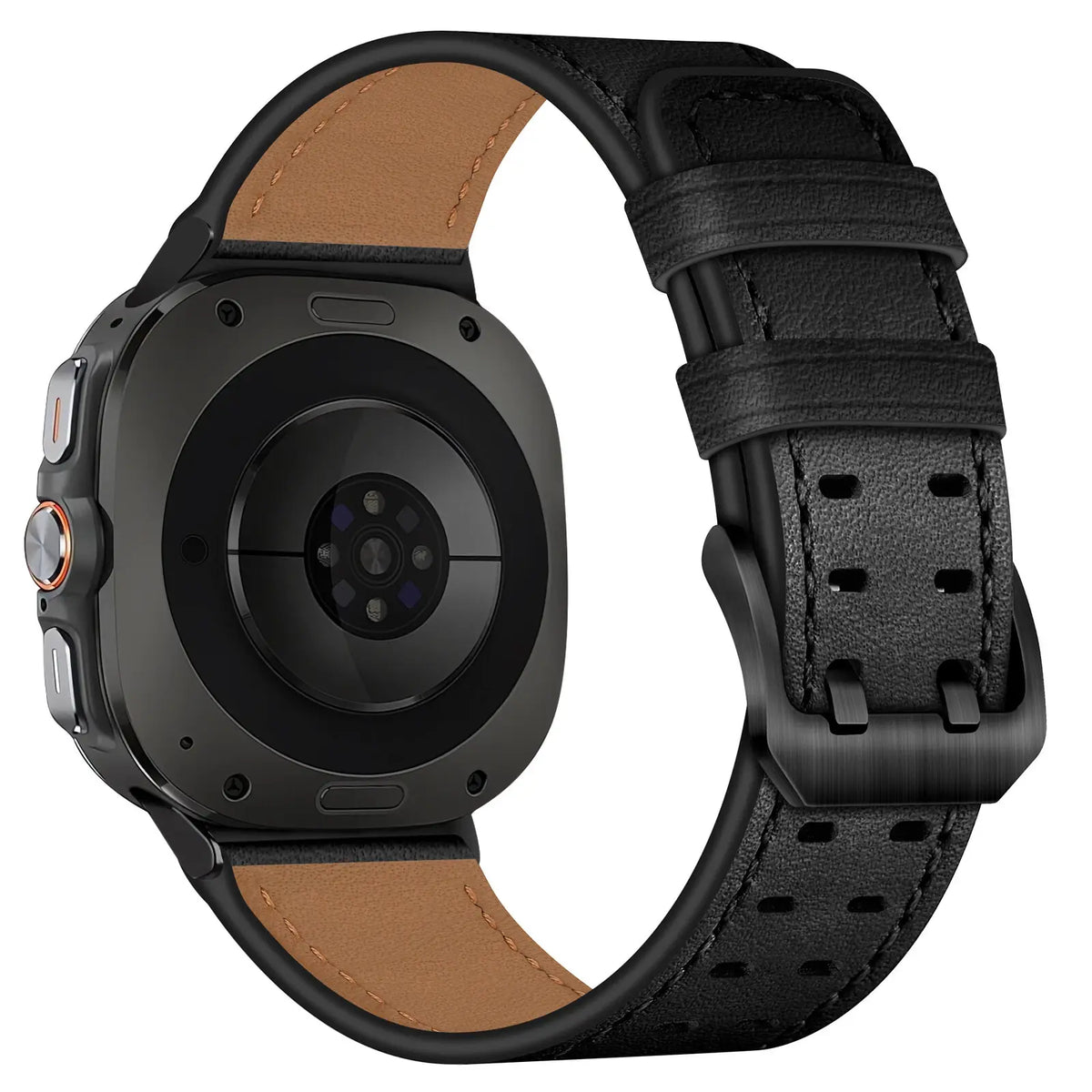 Double Pin Leather Strap, black, on a watch, 3/4 rear view
