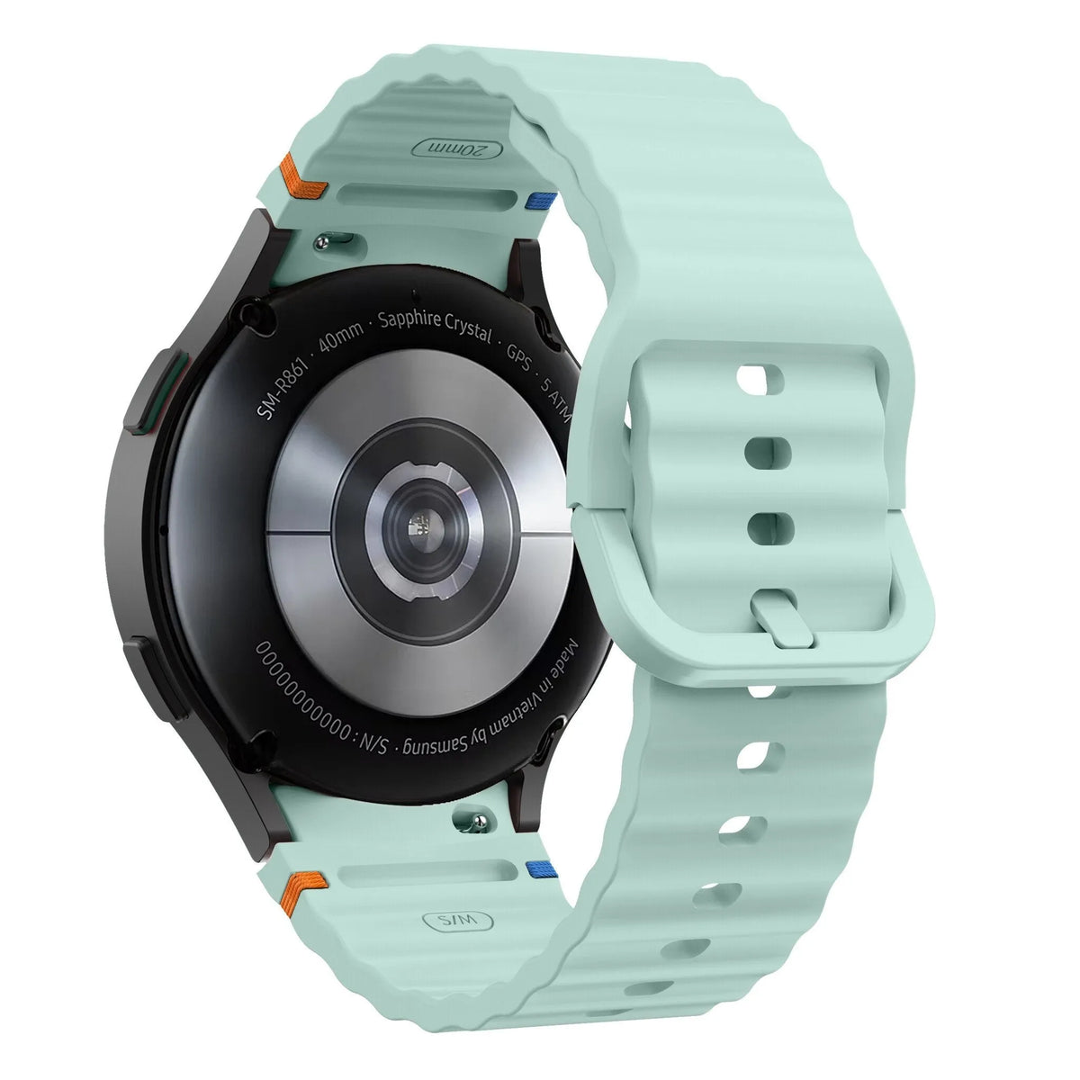 Wave Silicone Strap, light green, on a watch, 3/4 rear view
