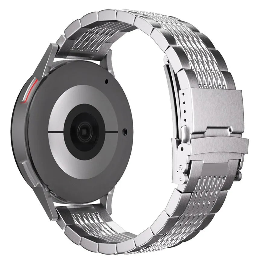 Luxury Steel Link Strap, silver, on a watch, 3/4 rear view