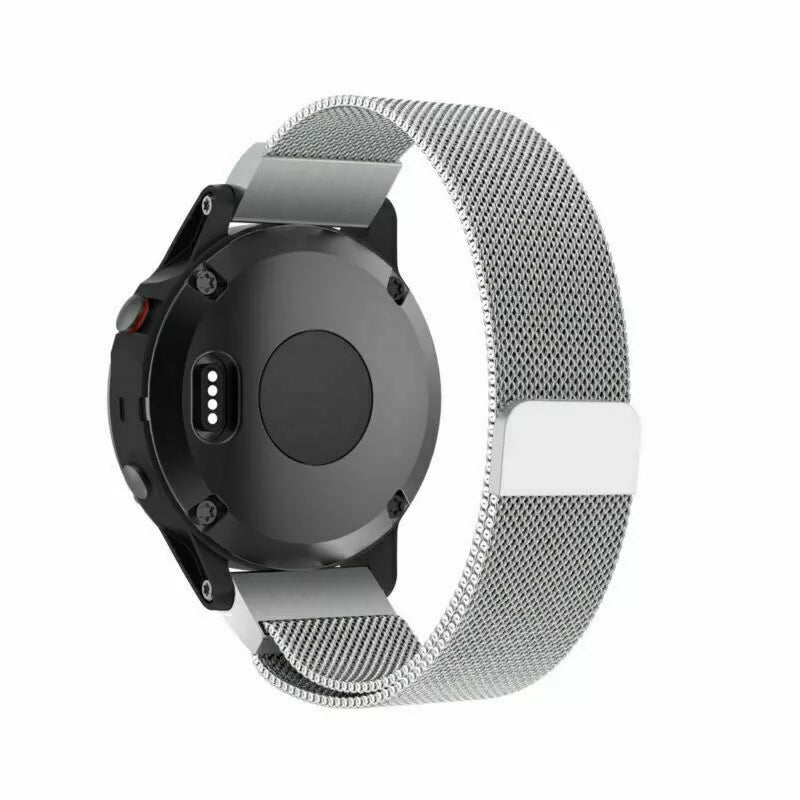 Milanese Strap, silver, on a watch, 3/4 rear view