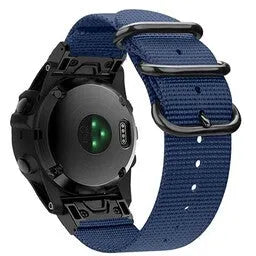 Nylon Buckle Strap, blue, on a watch, 3/4 rear view