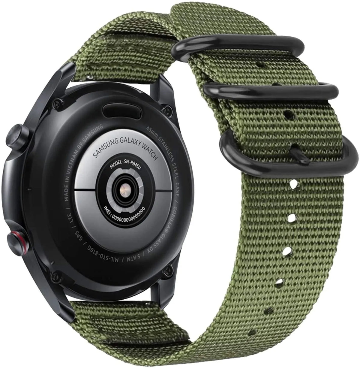 Nylon Buckle Strap, green, on a watch, 3/4 rear view