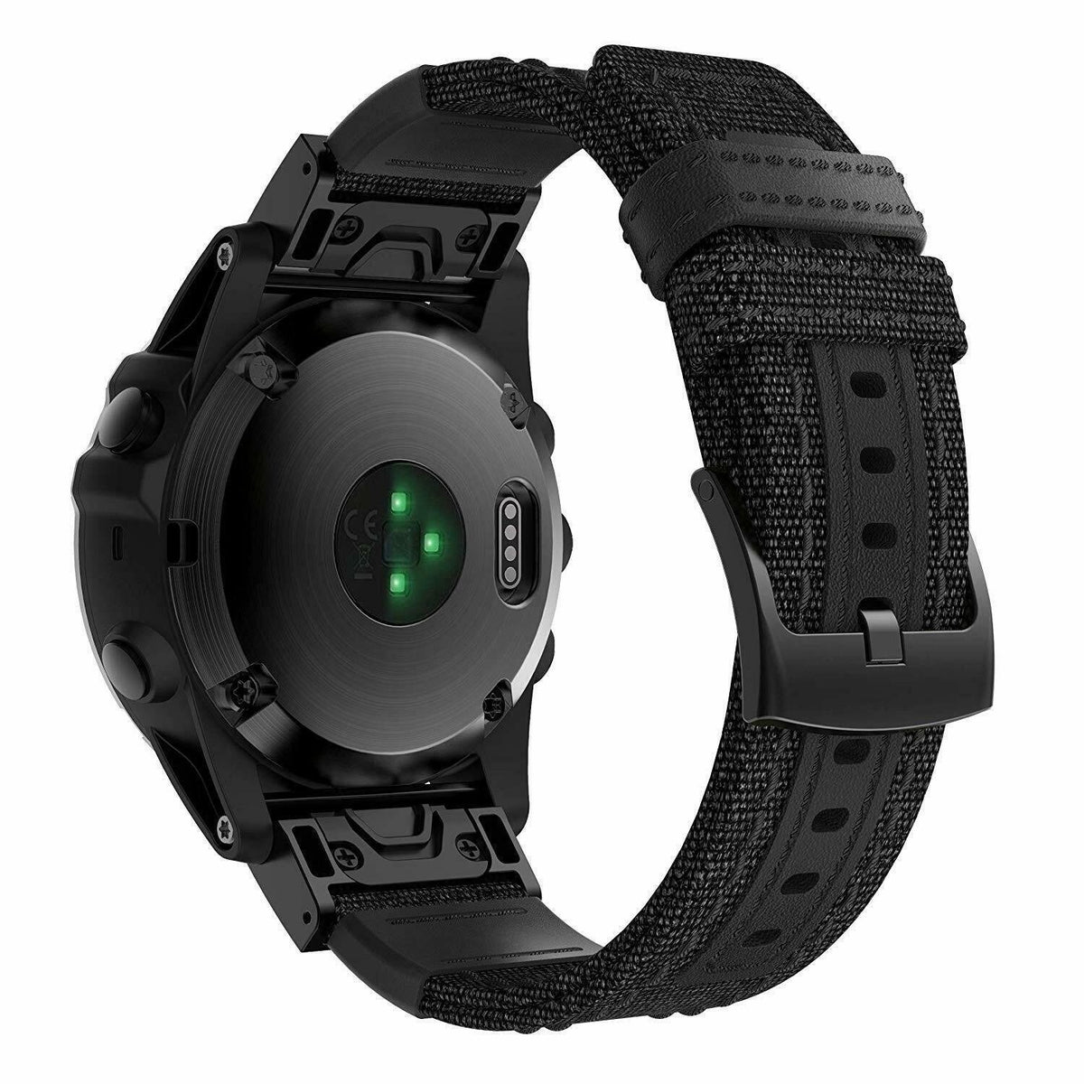 Nylon Hybrid Strap, black, on a watch, 3/4 rear view