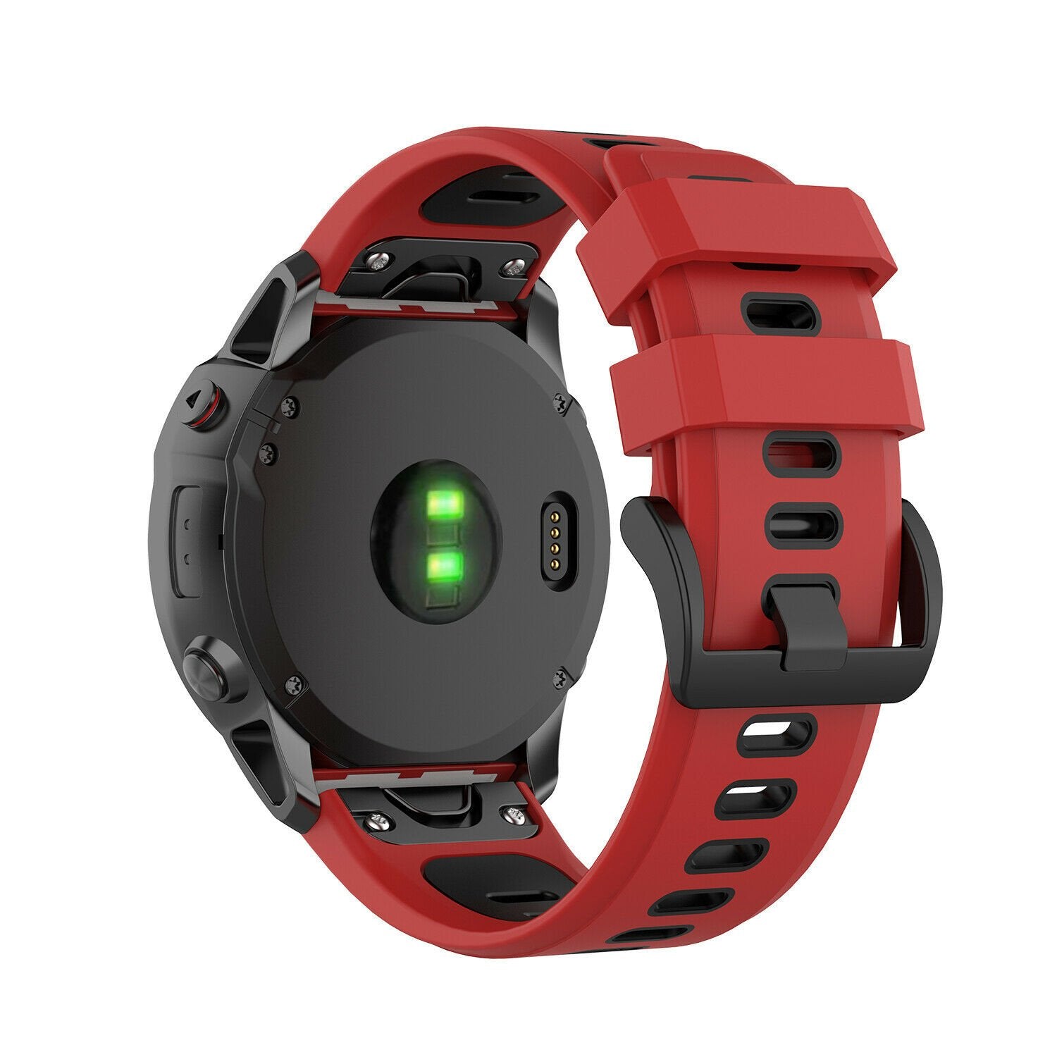 Silicone Sport Buckle Strap, red/black, on a watch, 3/4 rear view