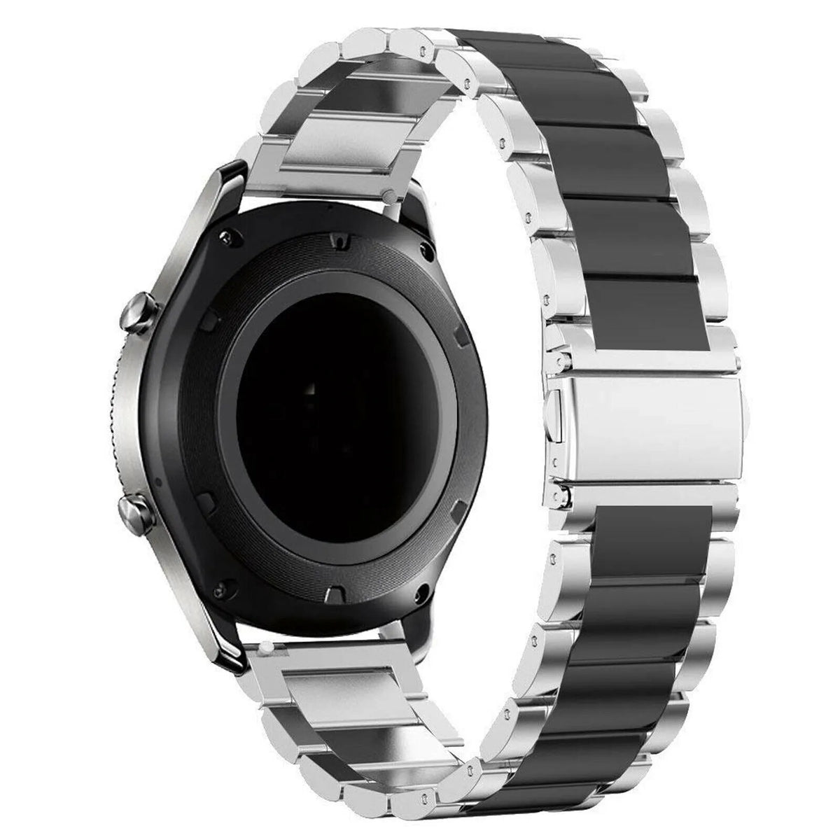 Steel Strap, silver/black, on a watch, 3/4 rear view