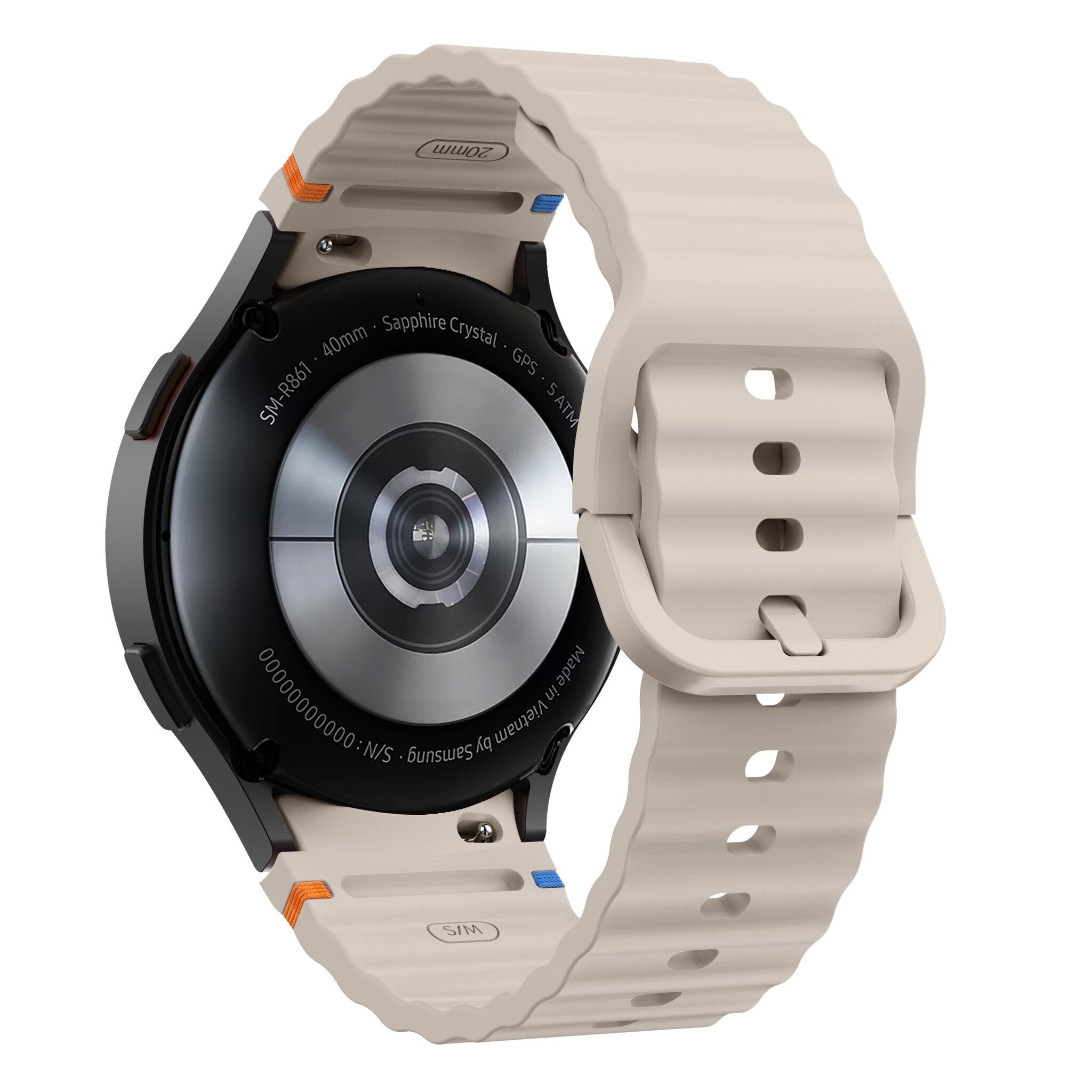 Wave Silicone Strap, starlight, on a watch, 3/4 rear view