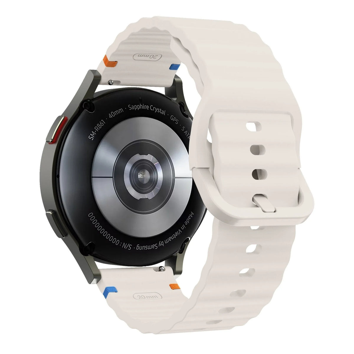 Wave Silicone Strap, starlight, on a watch, 3/4 rear view