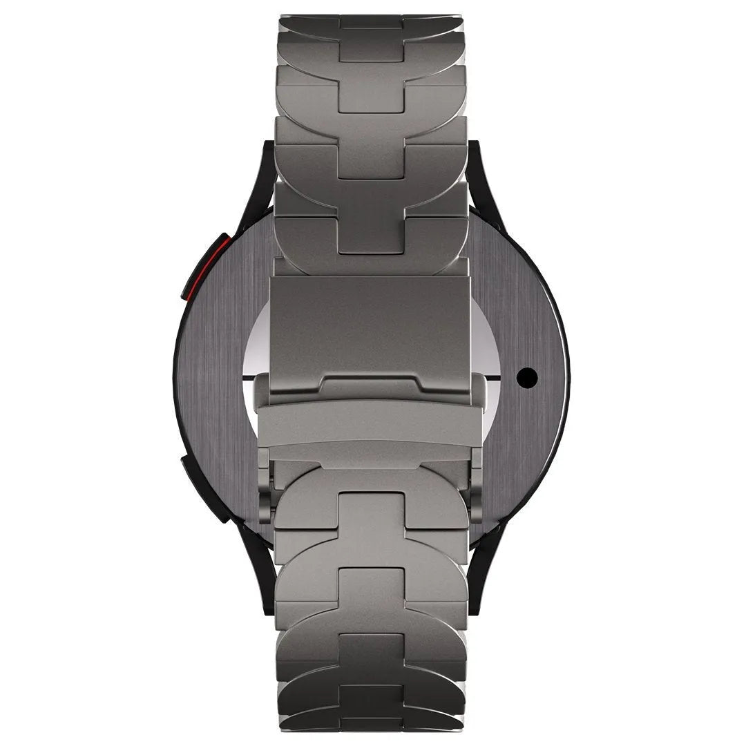 Butterfly Titanium Strap, graphite, on a watch, 3/4 rear view