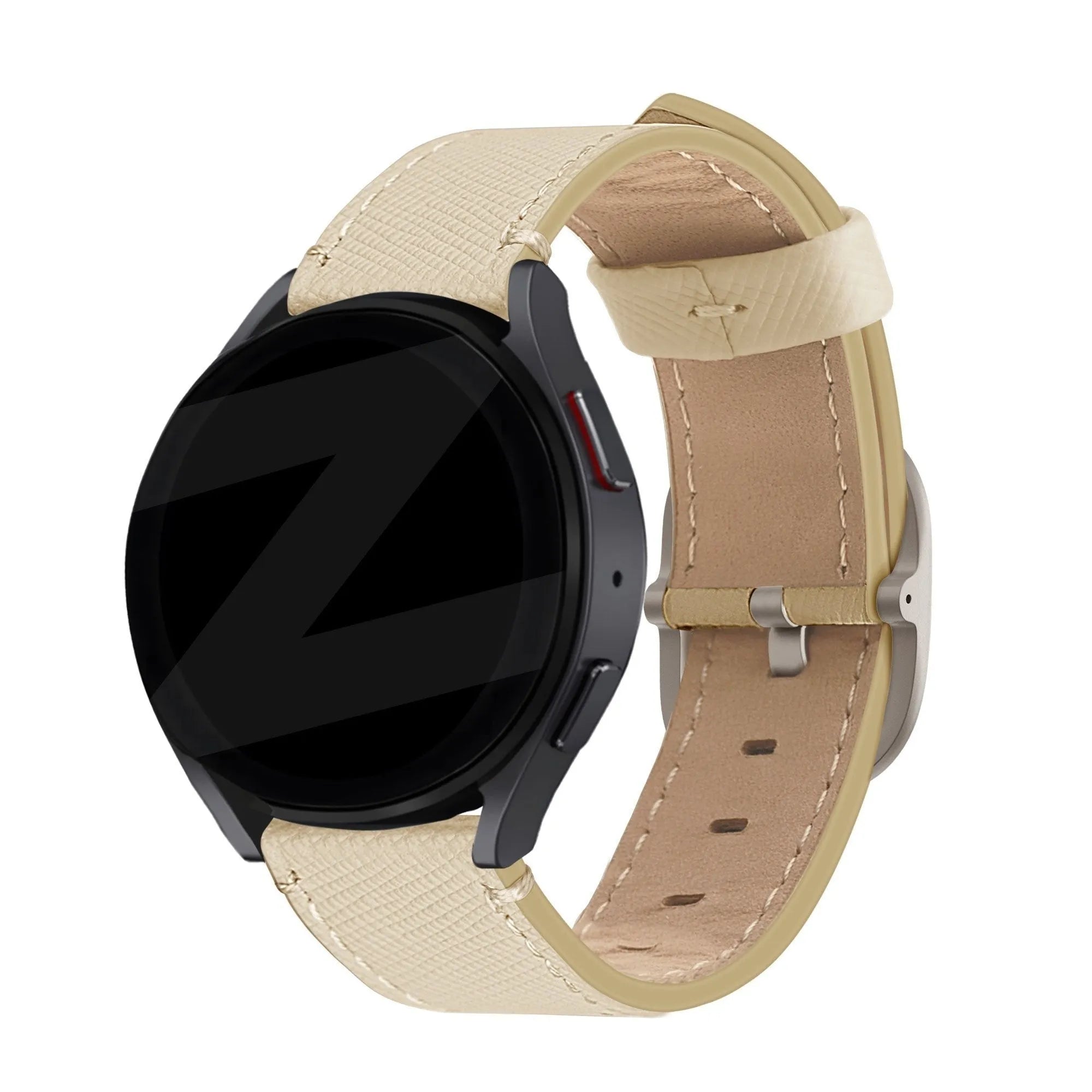 Leather Strap 'Deluxe', khaki, on a watch, 3/4 rear view