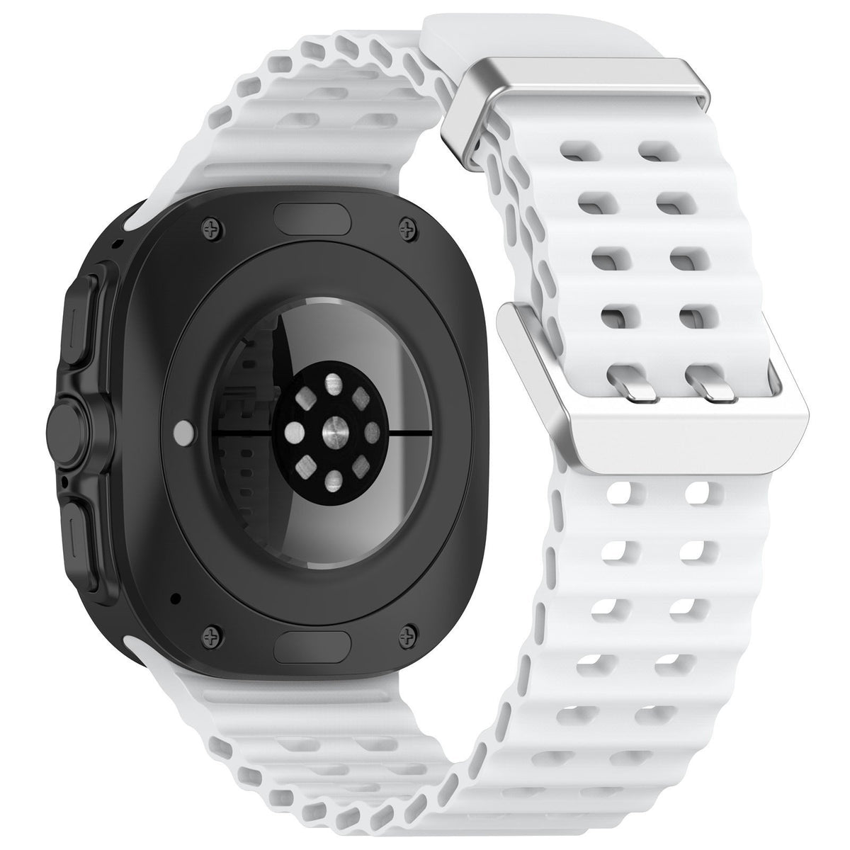Silicone Ocean Strap, white, on a watch, 3/4 rear view