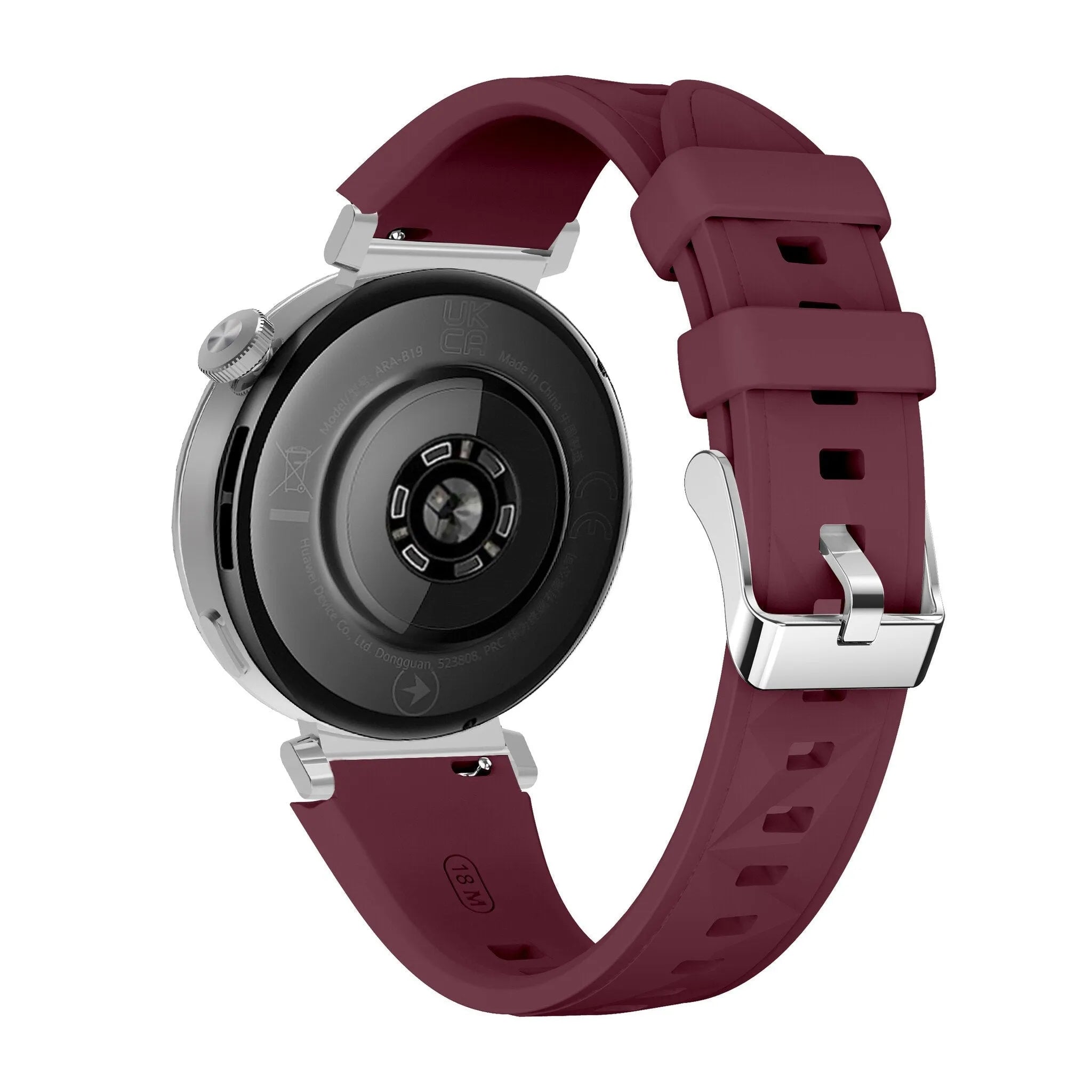 Premium Silicone Strap, wine red, on a watch, 3/4 rear view