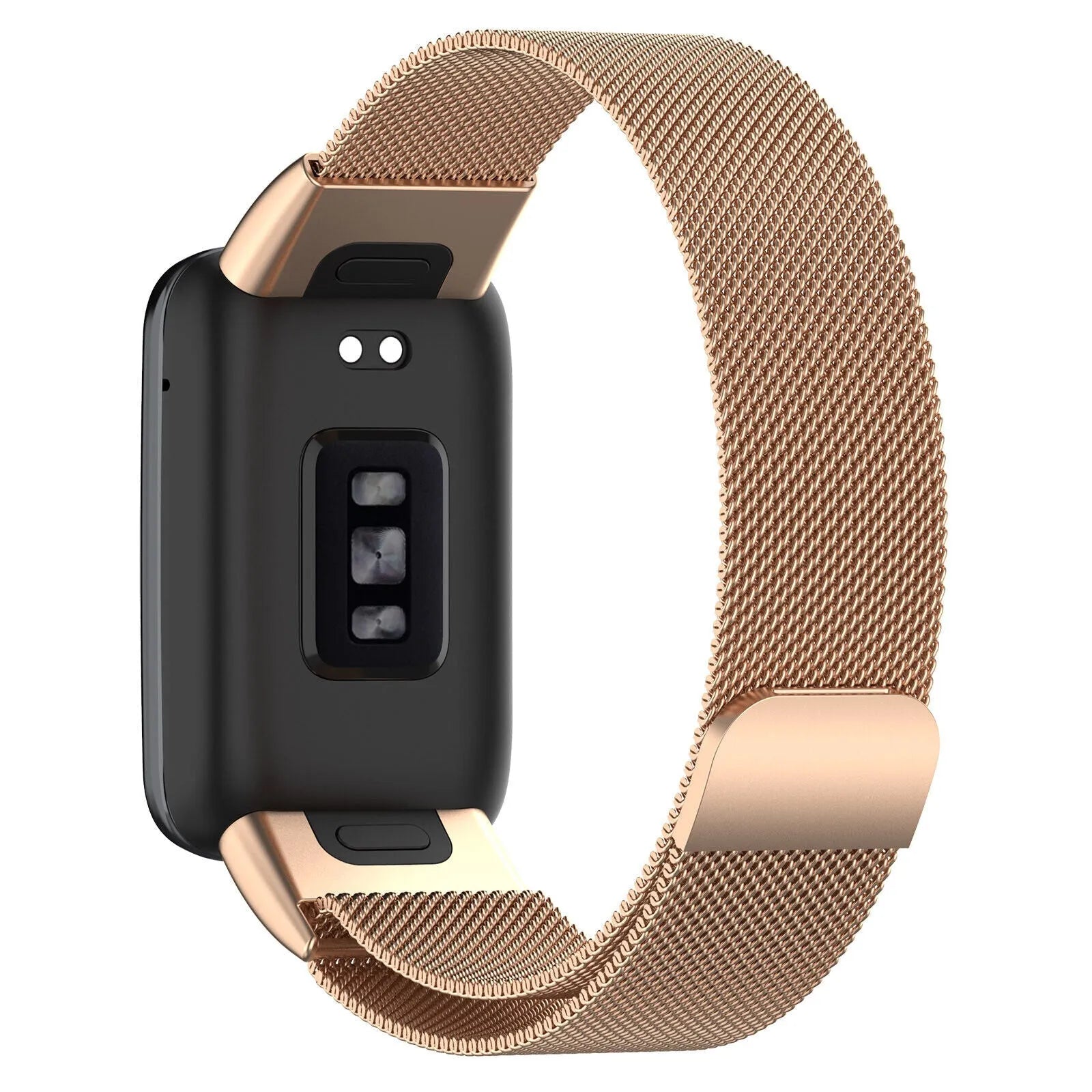 Milanese Strap, rose gold, on a watch, 3/4 rear view
