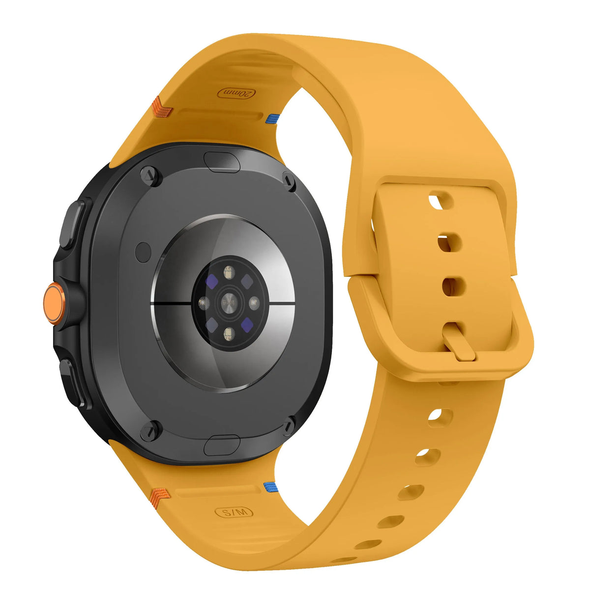 Silicone Strap, yellow, on a watch, 3/4 rear view