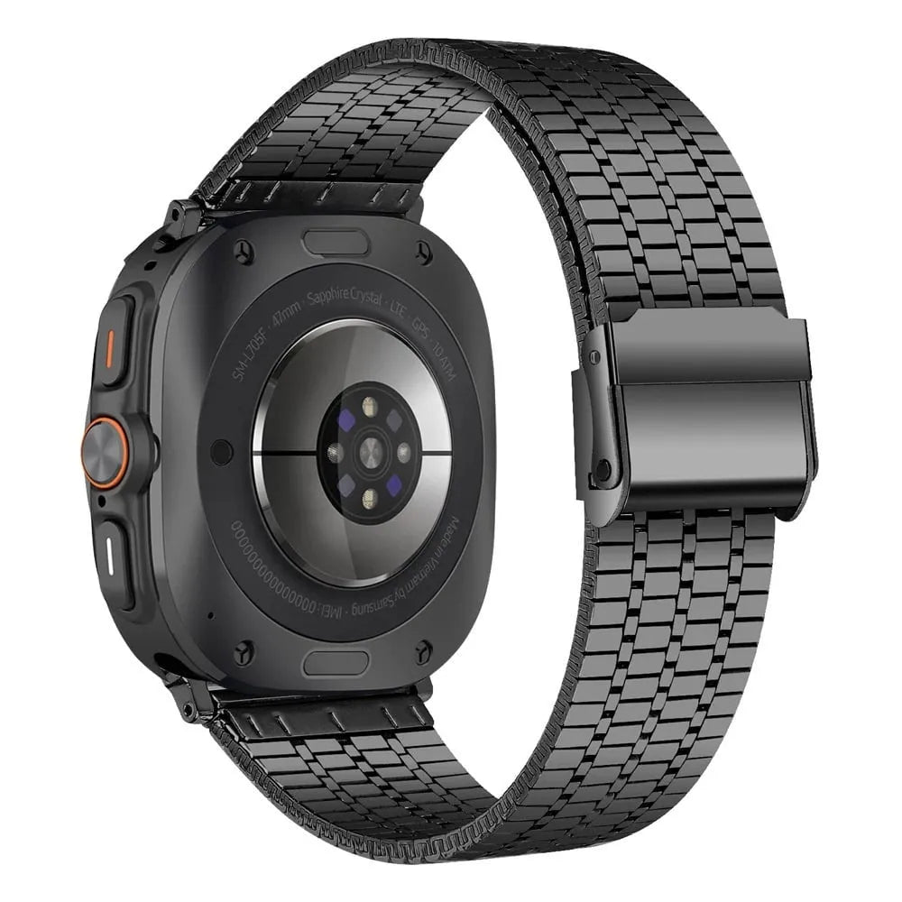 Stainless Steel Strap, black, on a watch, 3/4 rear view