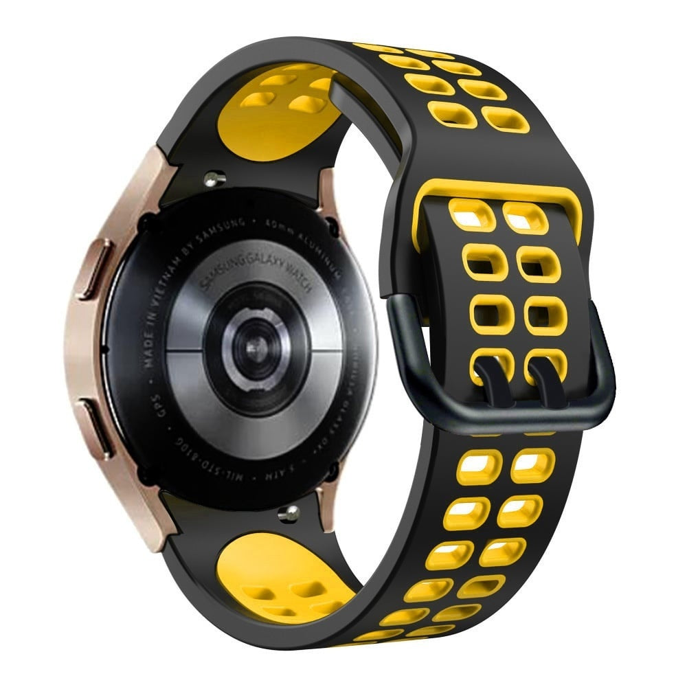 Silicone Squared Sport Strap, black/yellow, on a watch, 3/4 rear view
