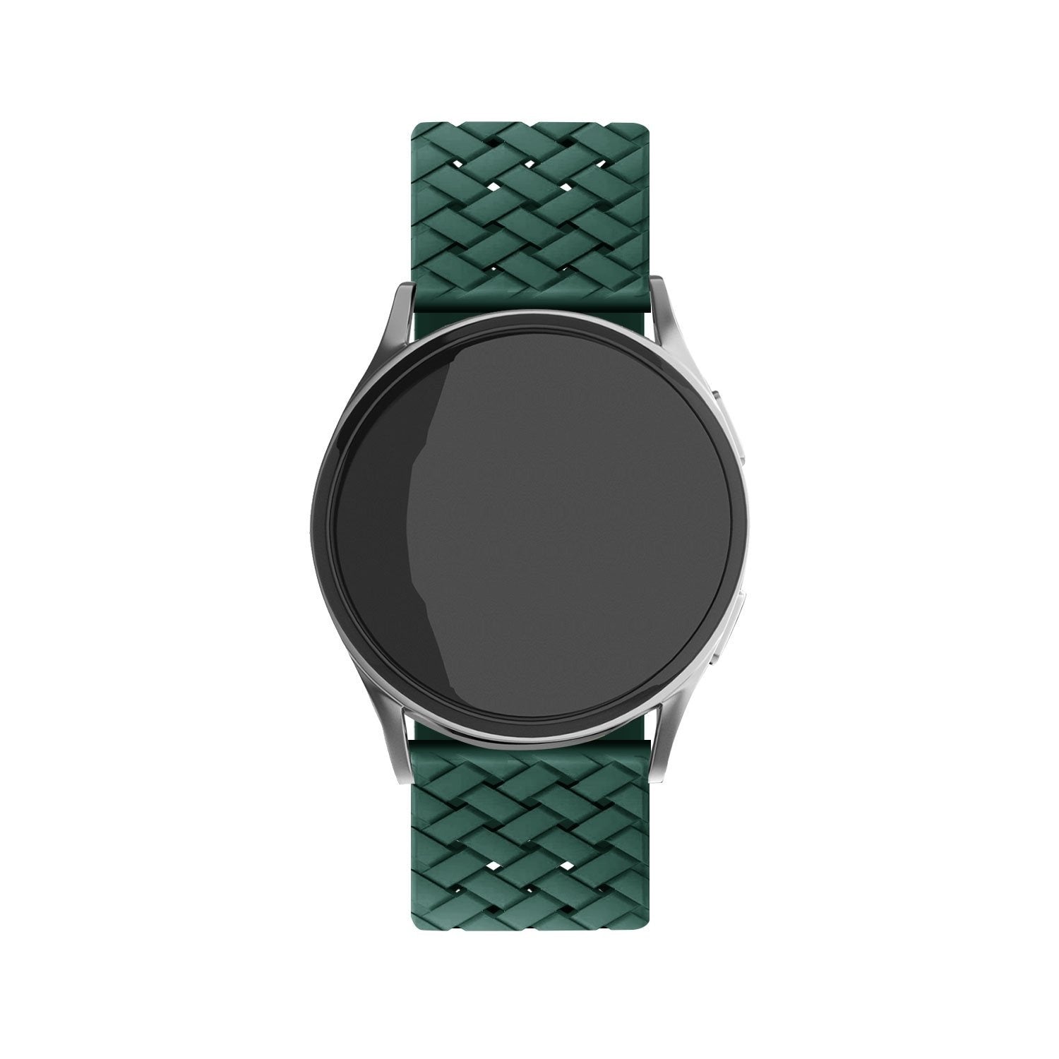 Braided Silicone Strap, dark green, on a watch, direct front view