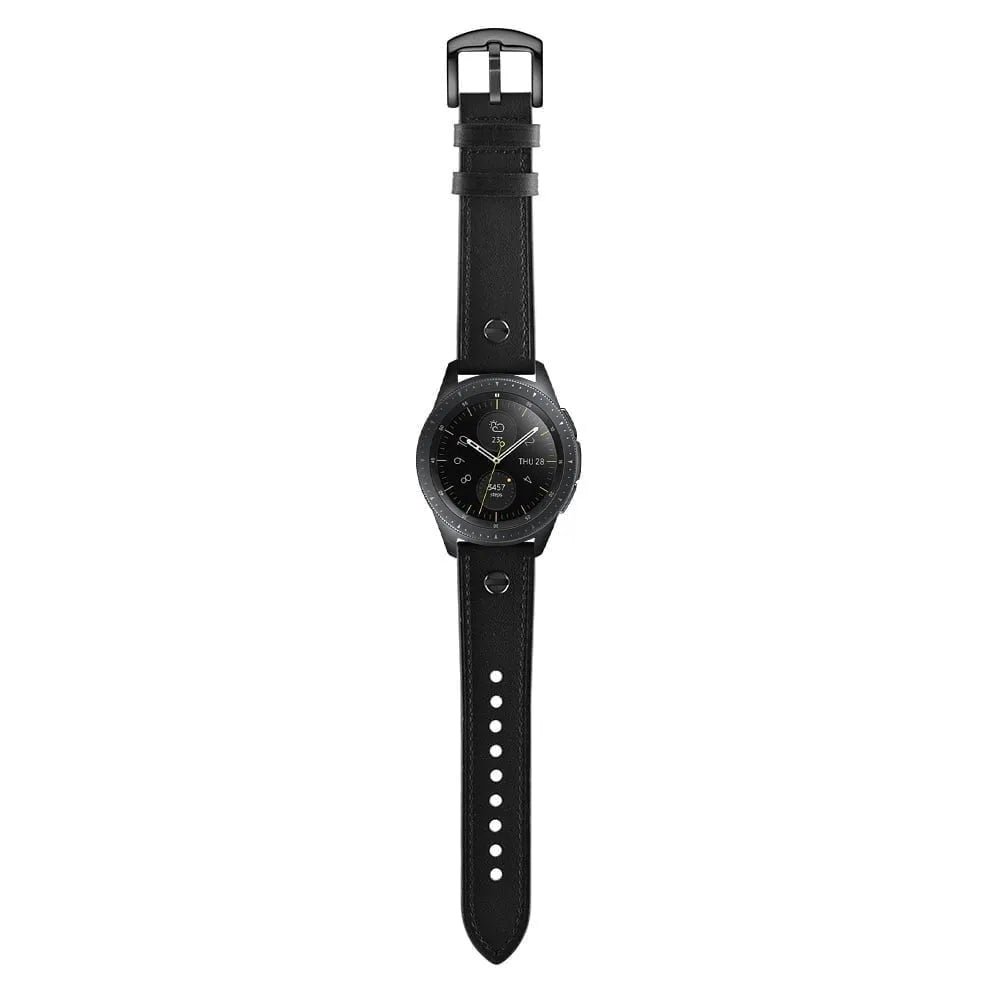 Leather Strap with Screw, black, on a watch, direct front view