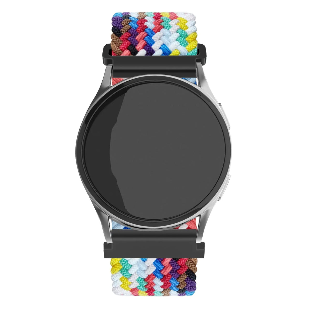 Nylon Adjustable Braided Strap, colourful, on a watch, direct front view