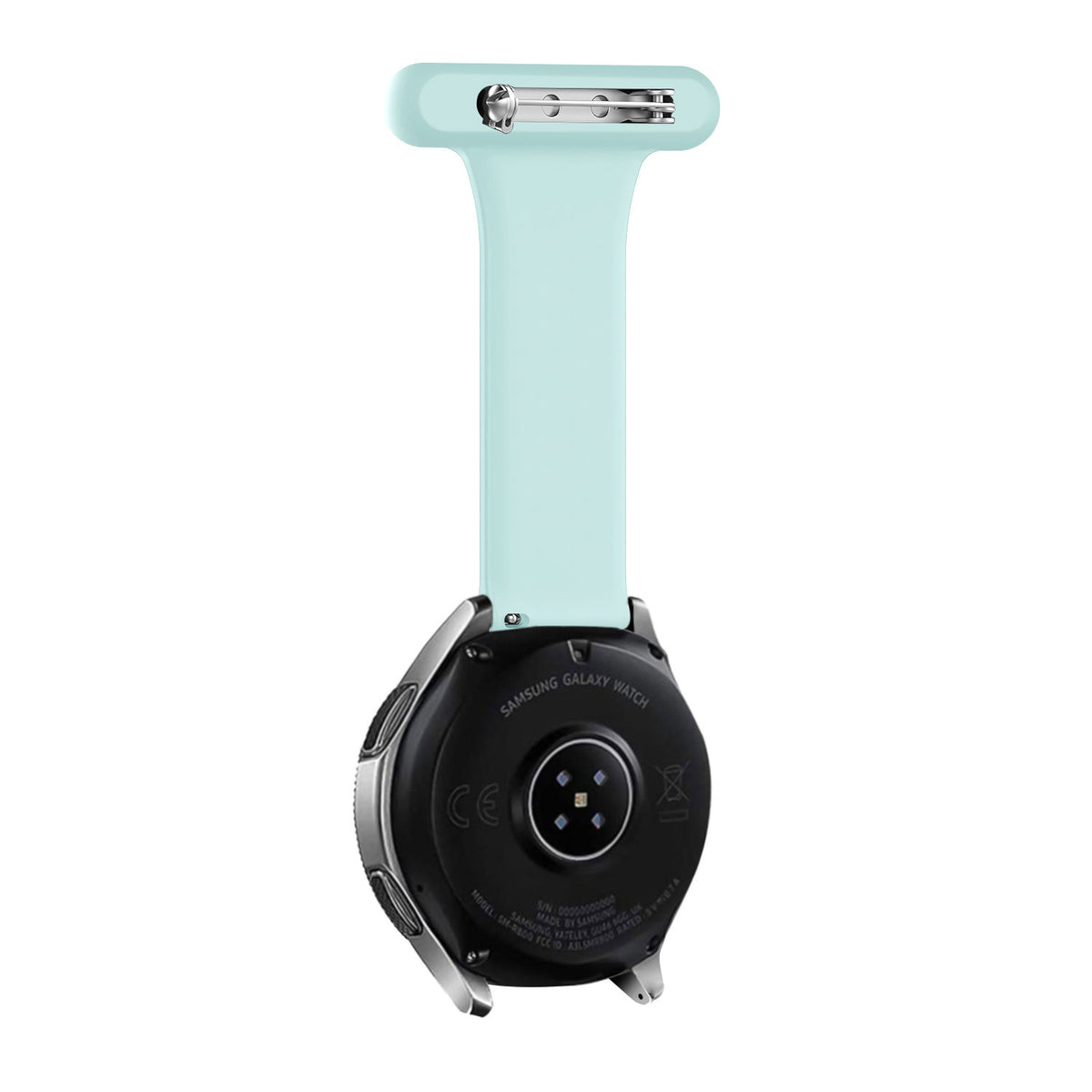 Silicone Nurse Fob, light green, on a watch, direct rear view