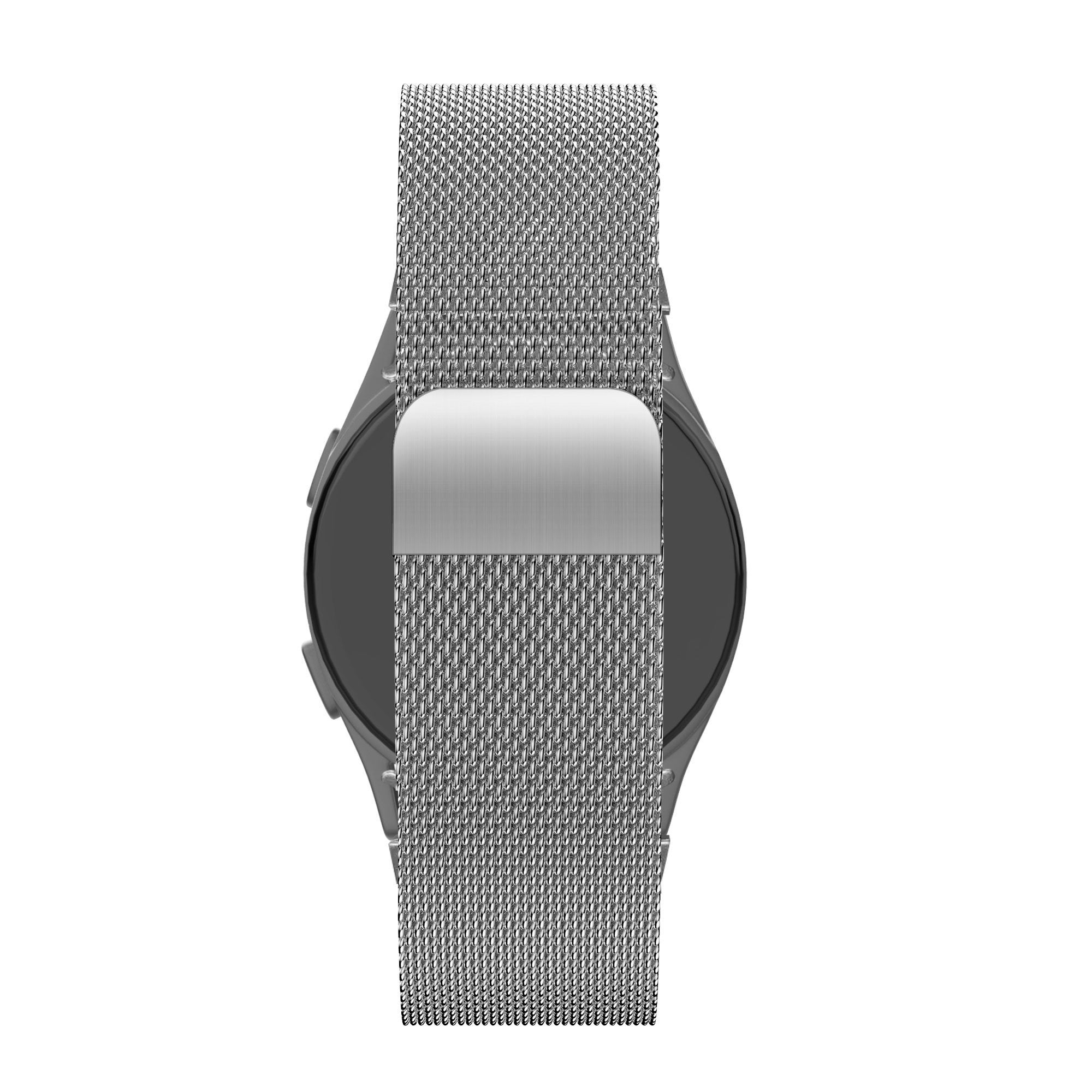 Milanese Loop Strap, silver, on a watch, direct rear view
