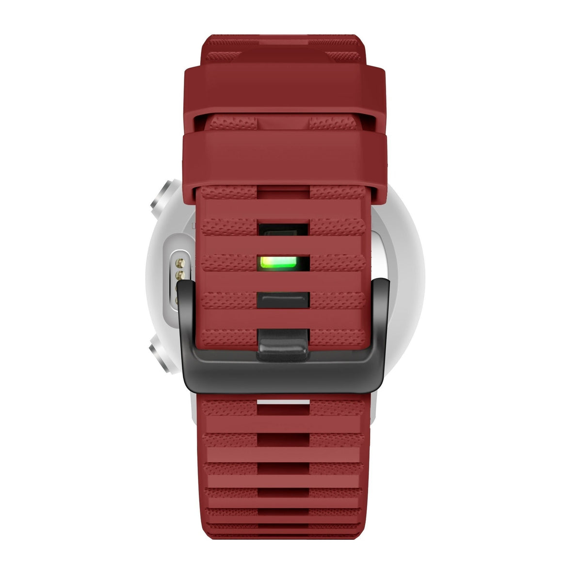 Buckled Silicone Strap, red, on a watch, direct rear view