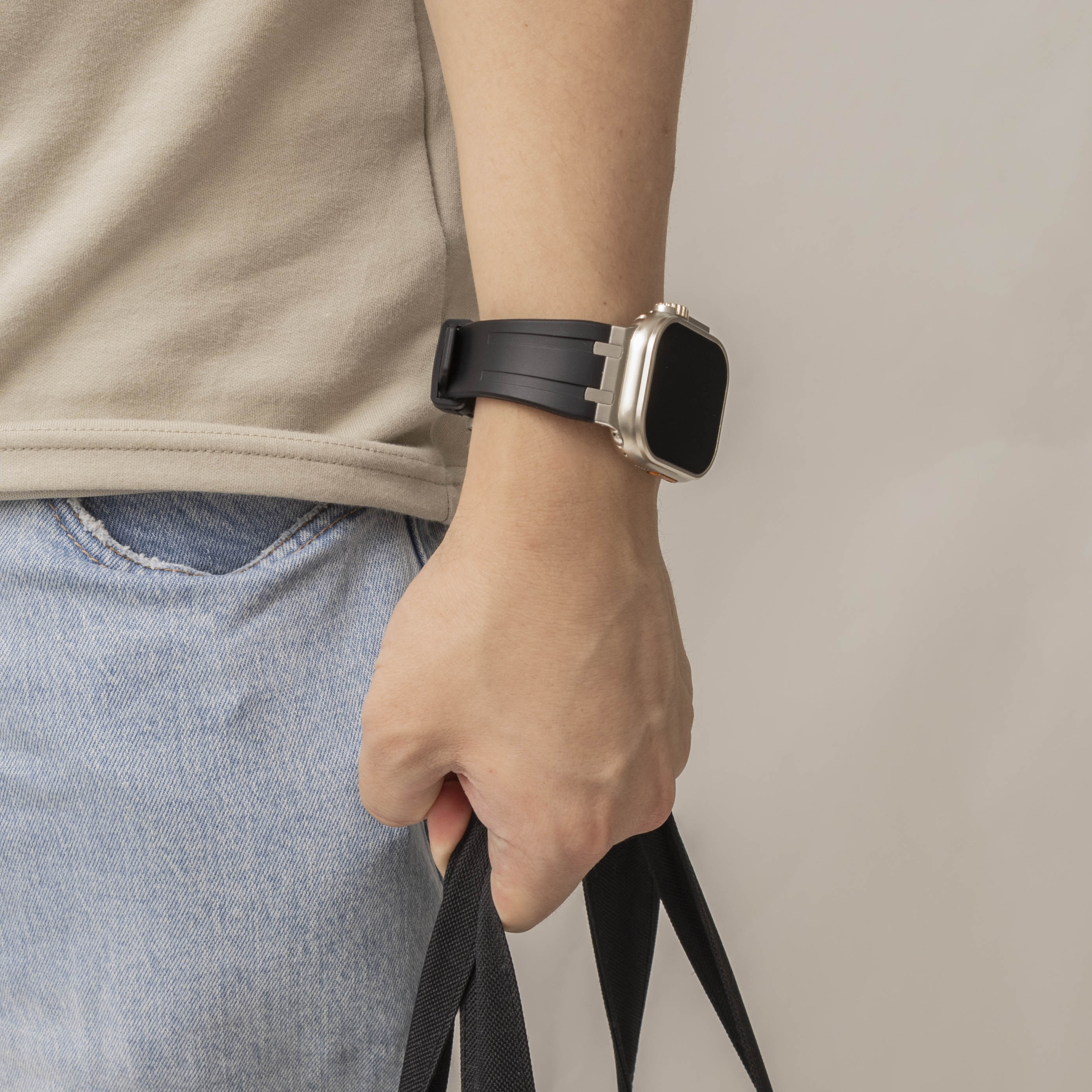 Bandz Apple Watch Silicone Strap 'Luxe Liquid' (Black With Silver)