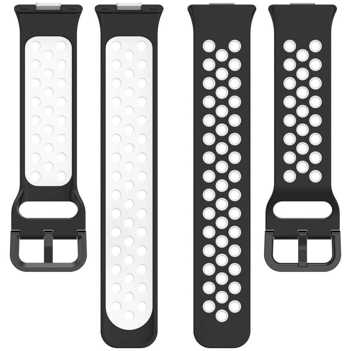 Silicone Sport Strap, black/white, laid flat, separate parts, direct top view
