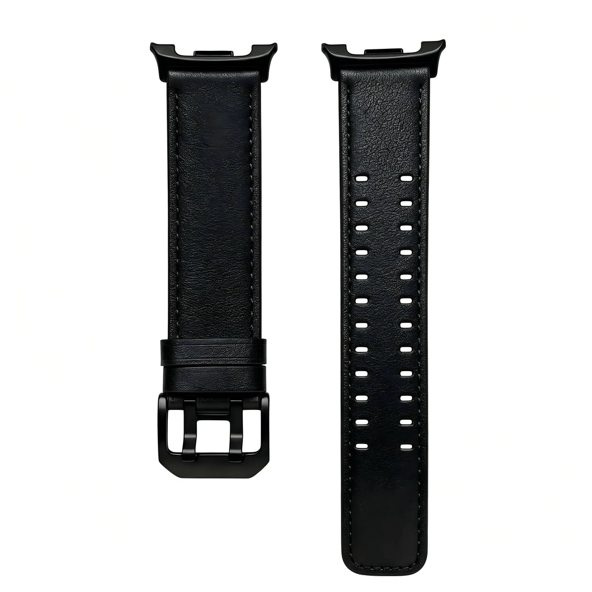 Double Pin Leather Strap, black, laid flat, separate parts, direct top view