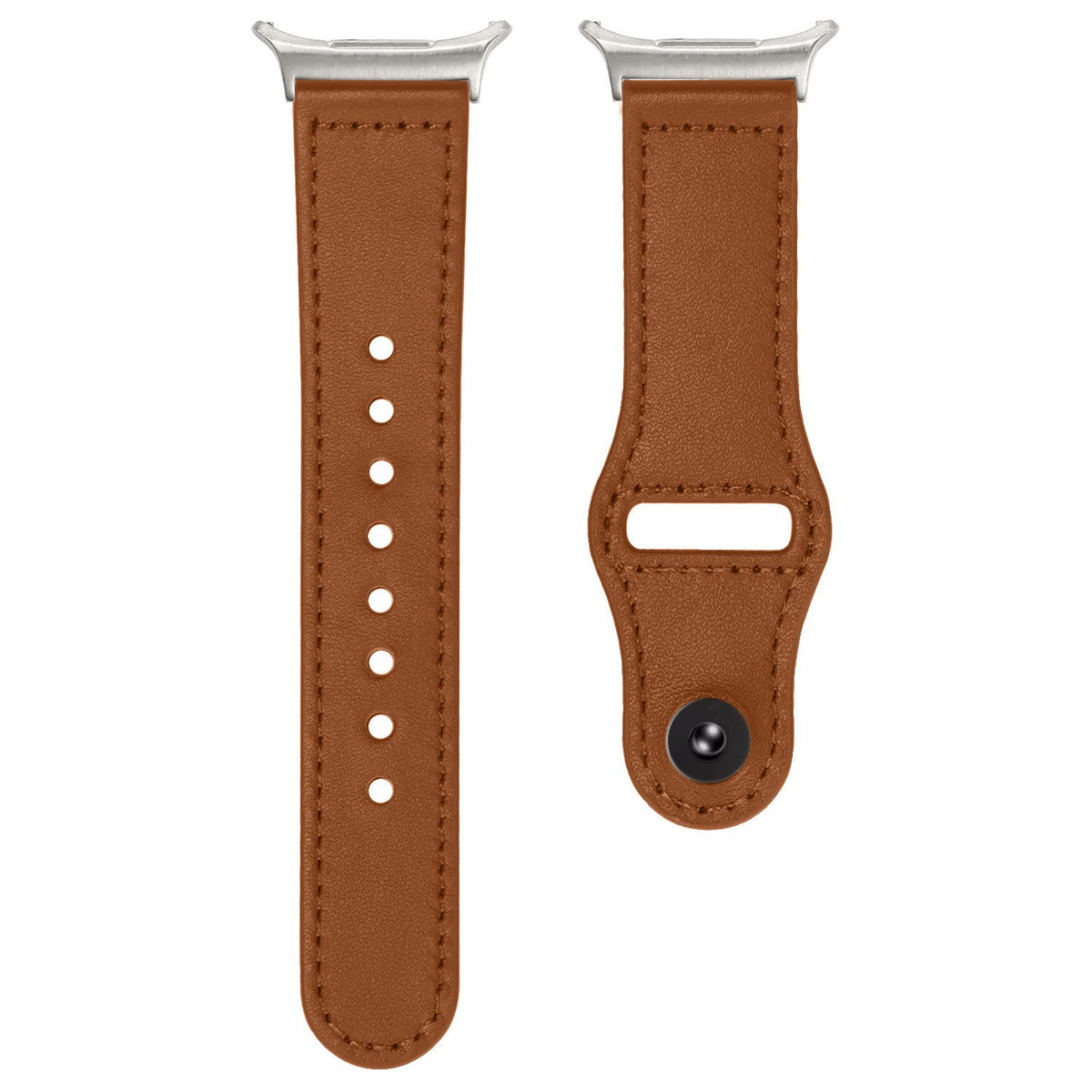 Leather Strap with Snap Closure, brown, laid flat, separate parts, direct top view