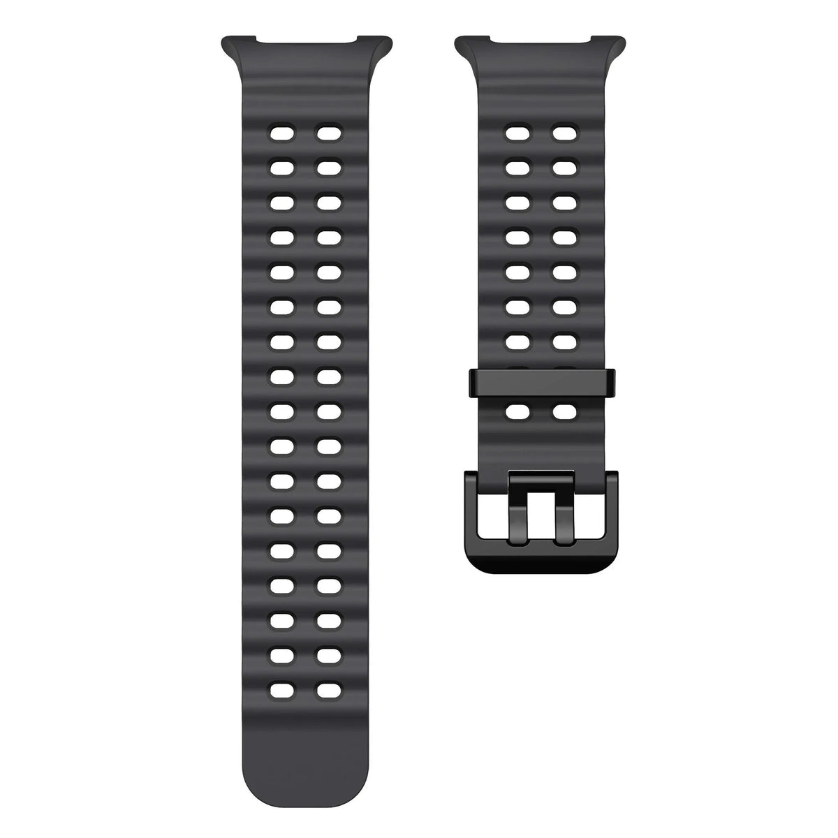 Silicone Ocean Strap, dark grey/black, laid flat, separate parts, direct top view