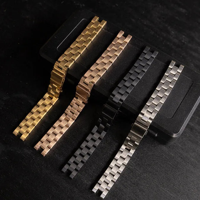 Steel Strap, rose gold, laid flat, separate parts, direct top view